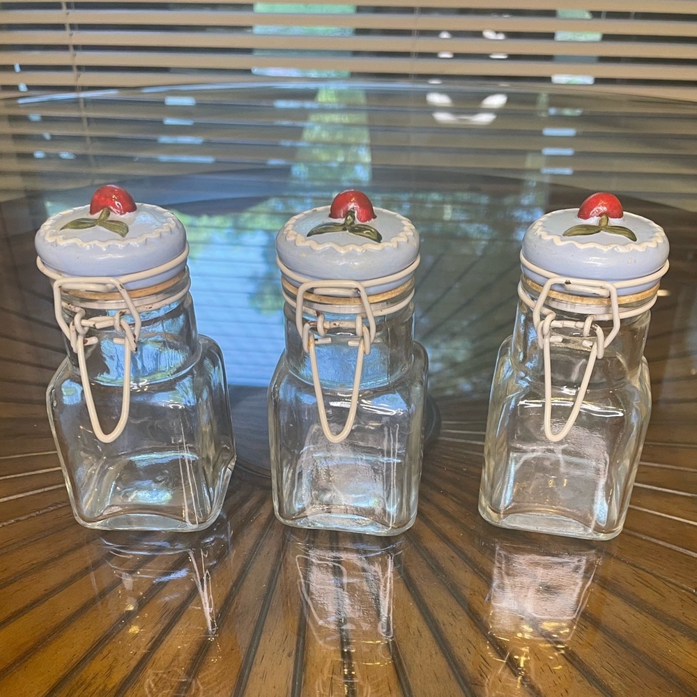 Vintage Glass spice 3 jars w/ hinged painted light blue lids w/ cherries🍒